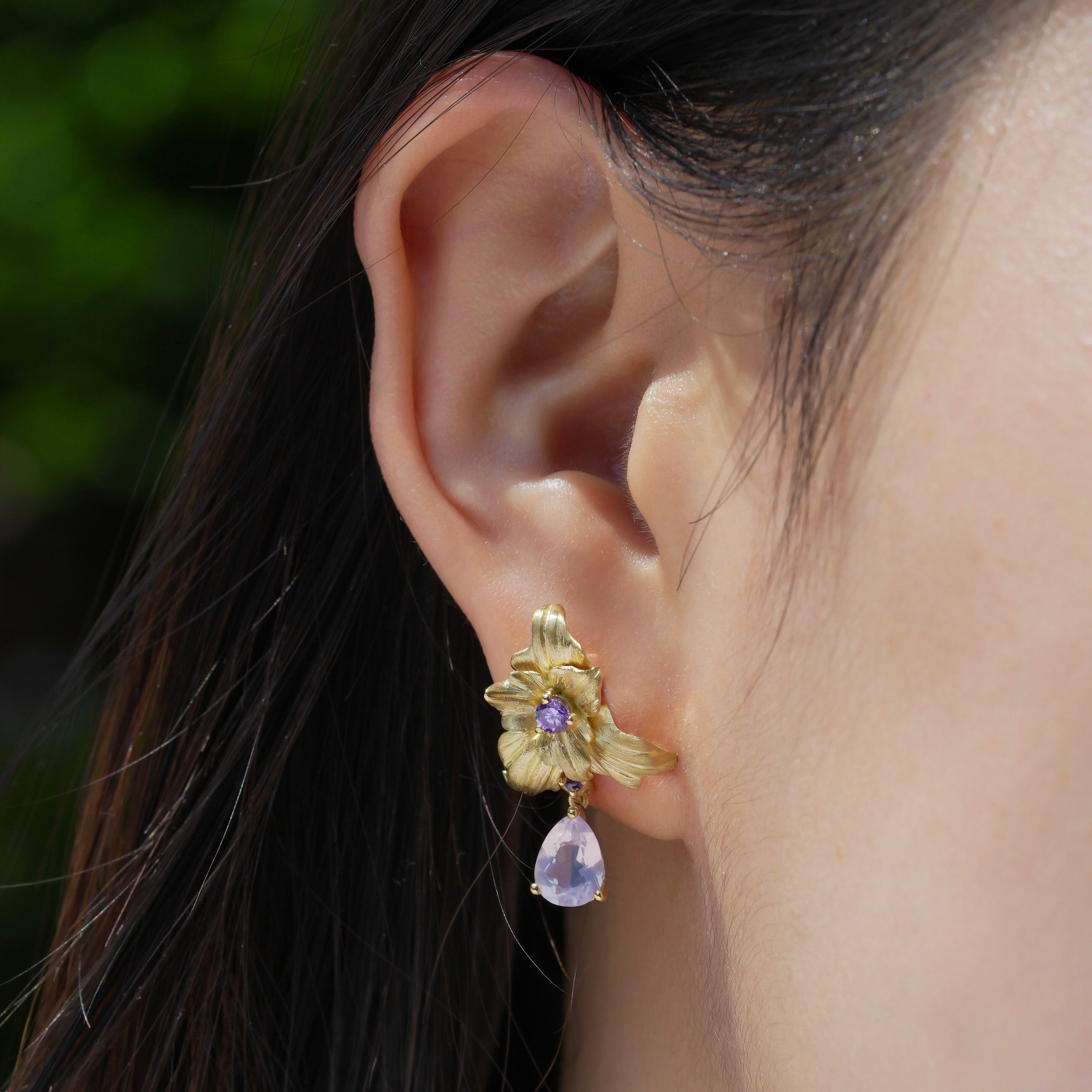 18K Gold Hand-Carved Iris Earrings | Natural Lavender Amethyst