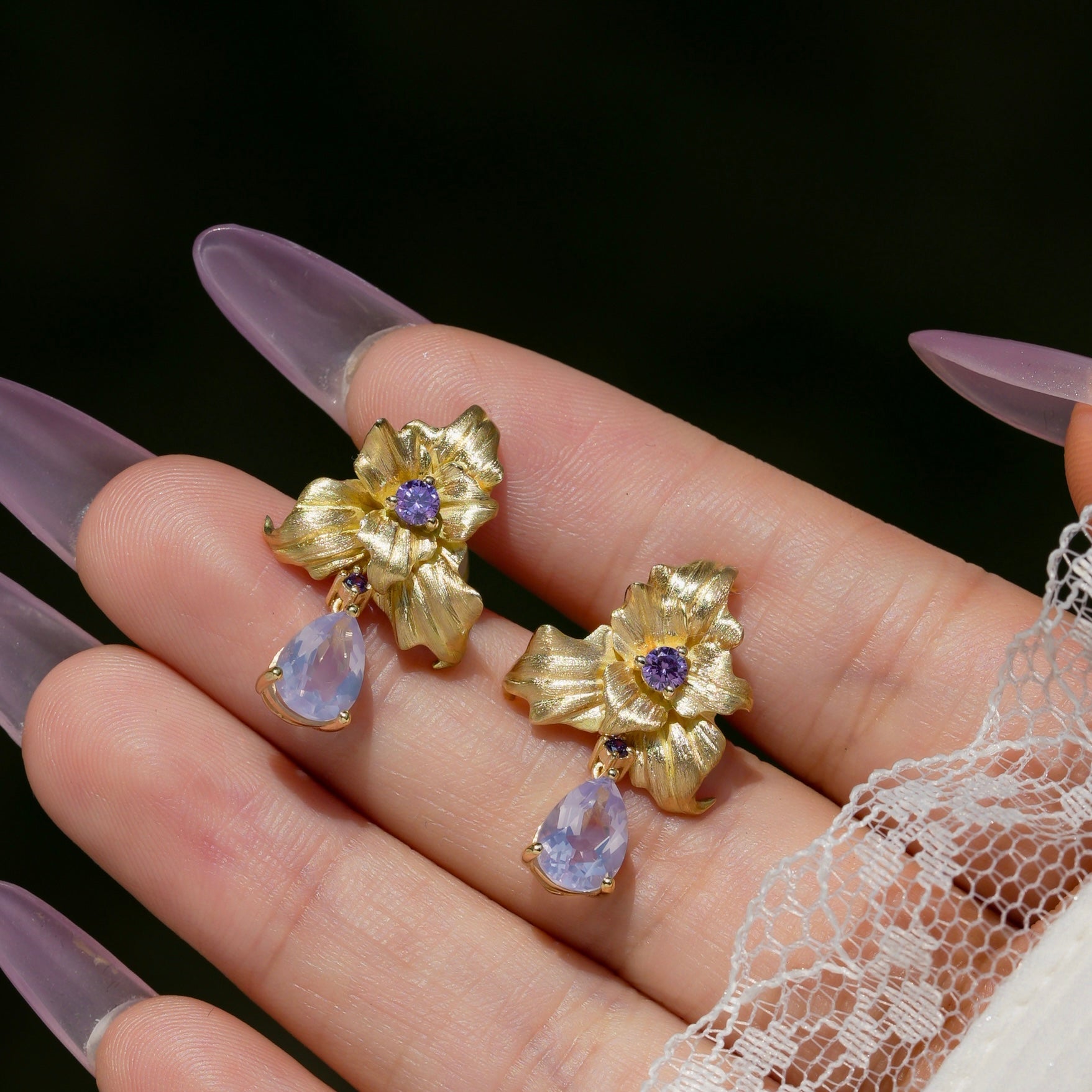 18K Gold Hand-Carved Iris Earrings | Natural Lavender Amethyst