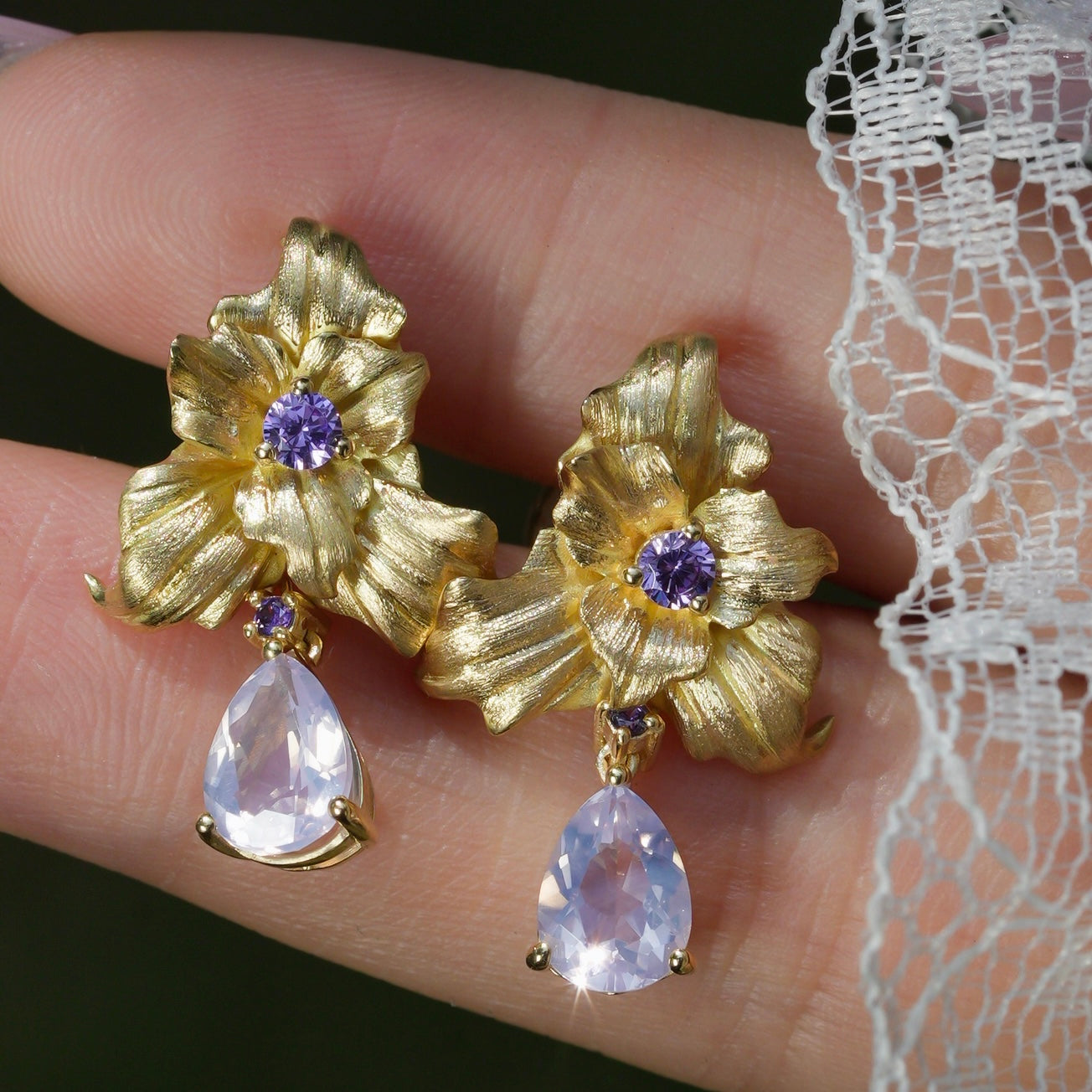 18K Gold Hand-Carved Iris Earrings | Natural Lavender Amethyst