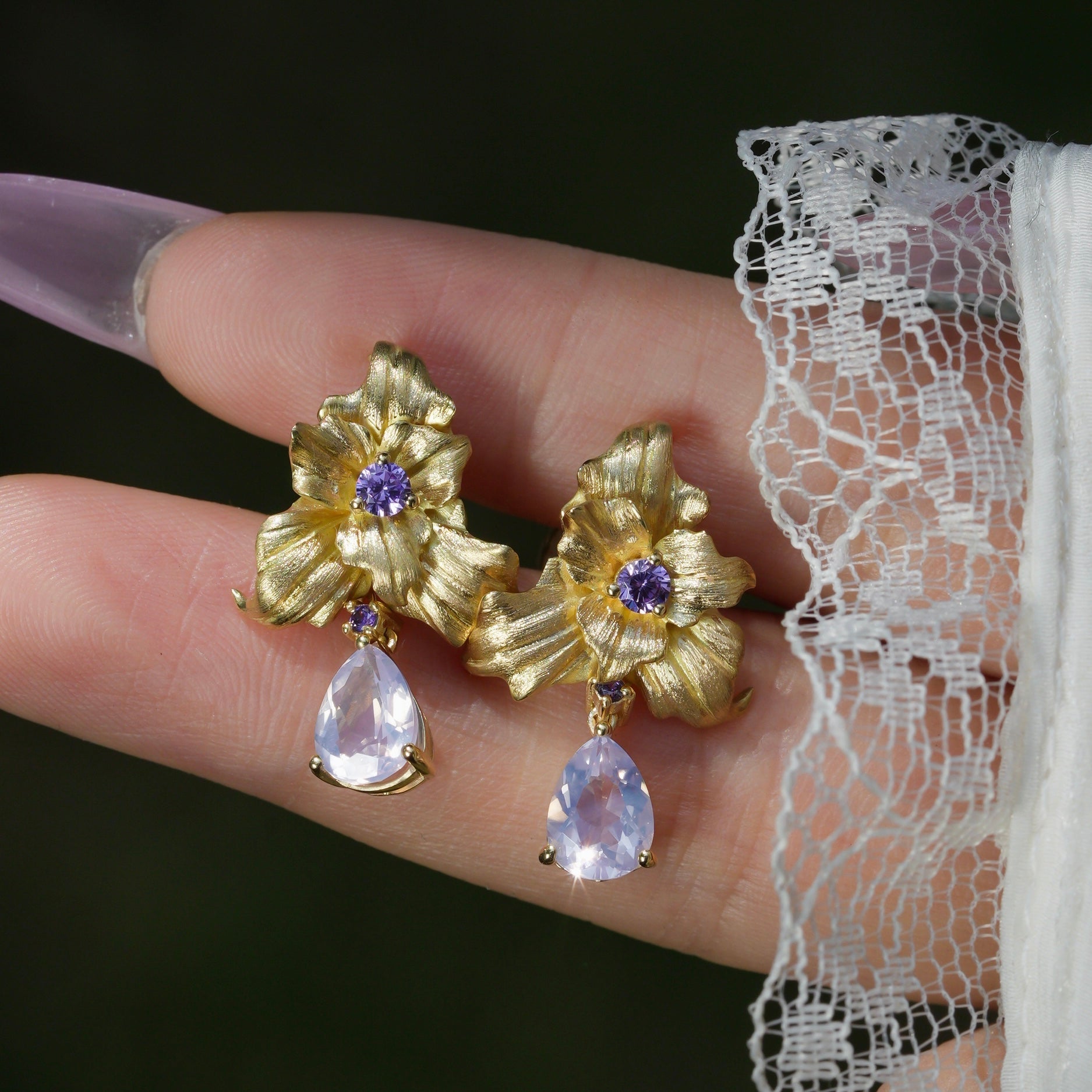 18K Gold Hand-Carved Iris Earrings | Natural Lavender Amethyst