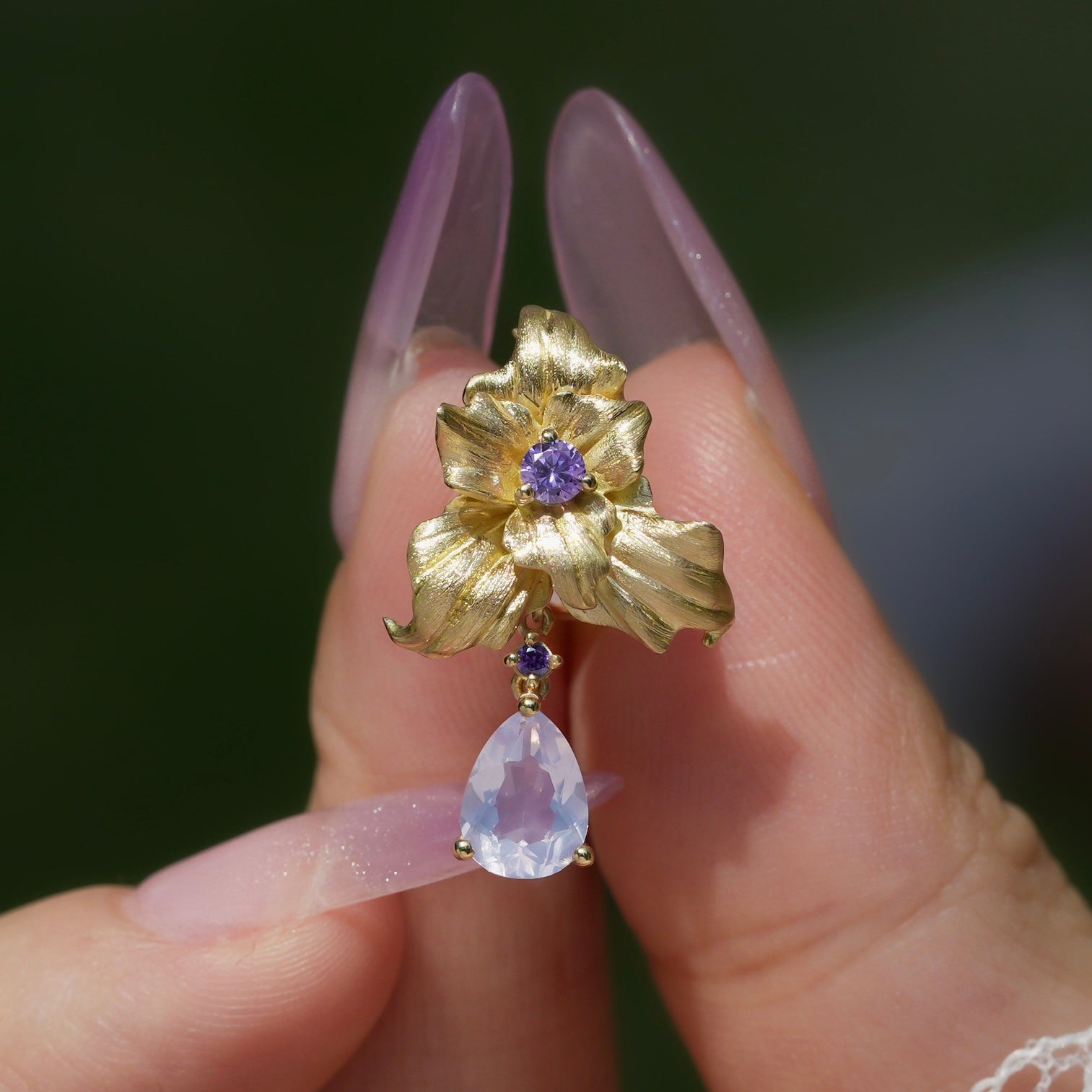 18K Gold Hand-Carved Iris Earrings | Natural Lavender Amethyst