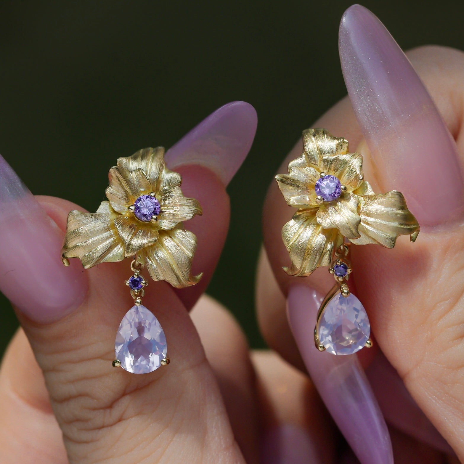 18K Gold Hand-Carved Iris Earrings | Natural Lavender Amethyst