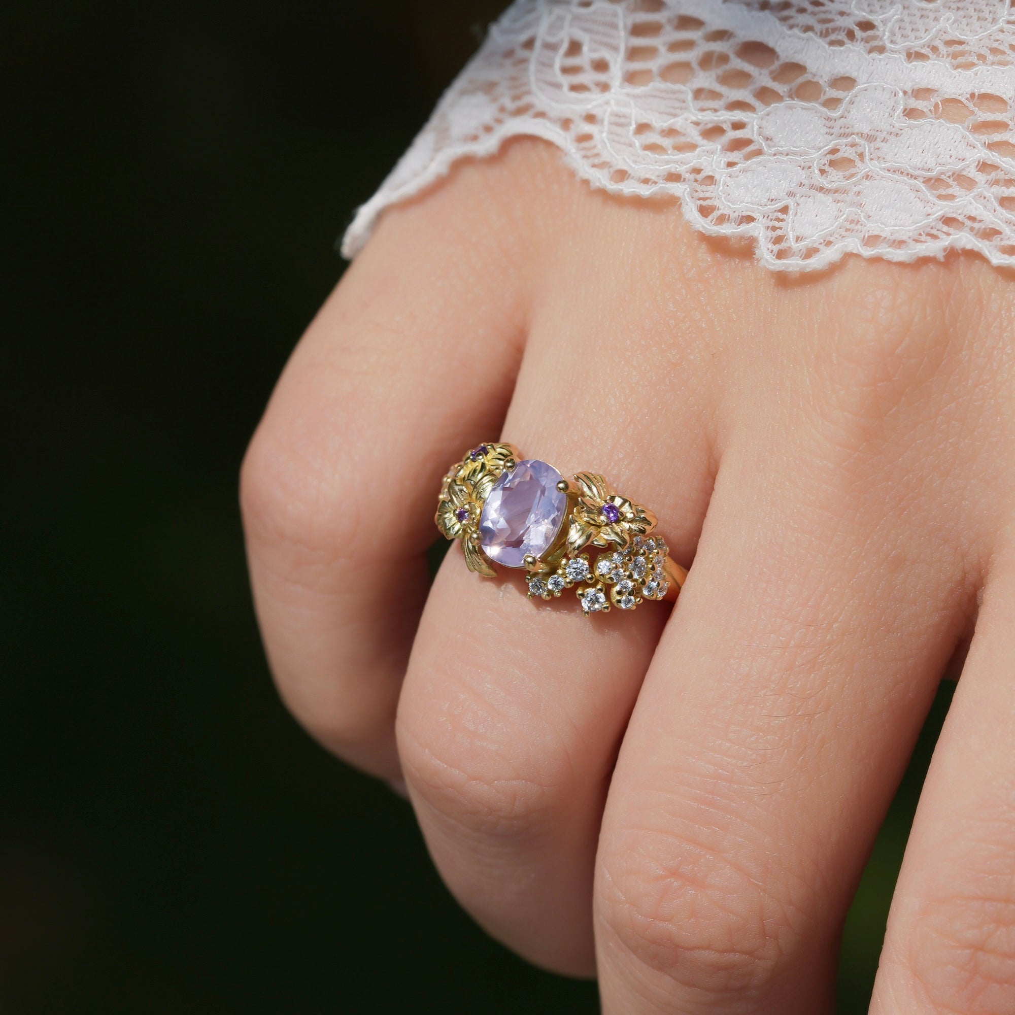 18K Gold Hand-Carved Iris Ring | Natural Lavender Amethyst