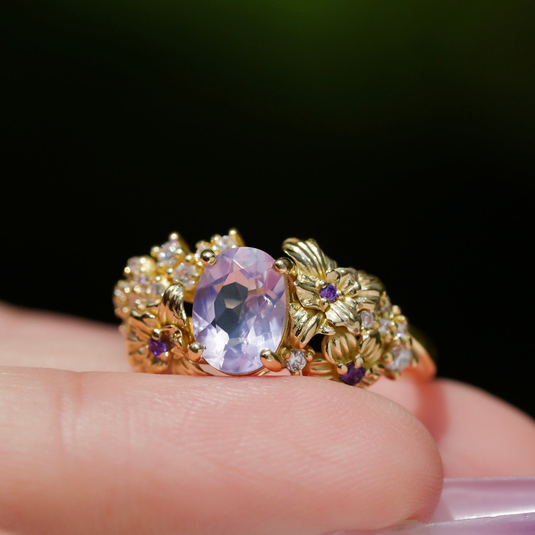 18K Gold Hand-Carved Iris Ring | Natural Lavender Amethyst