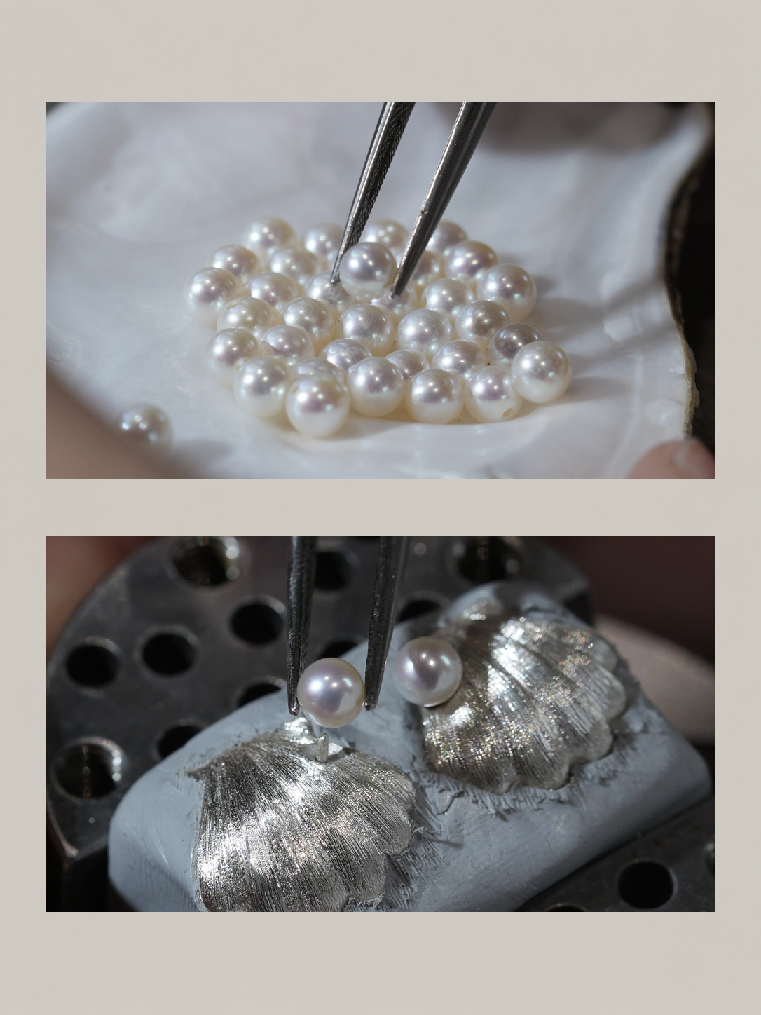Bench process showing the hand-finishing and pearl setting of shell earrings in the LIN Jewelry Art studio